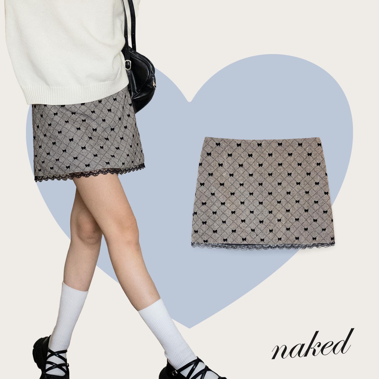 Chân váy ngắn kẻ nơ phối ren naked by v - bow mini skirt