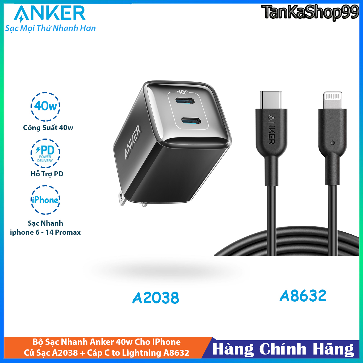 Combo sạc anker 40w a2038 + cáp usb-c to lightning cho iphone 8 đến iphone 14 series