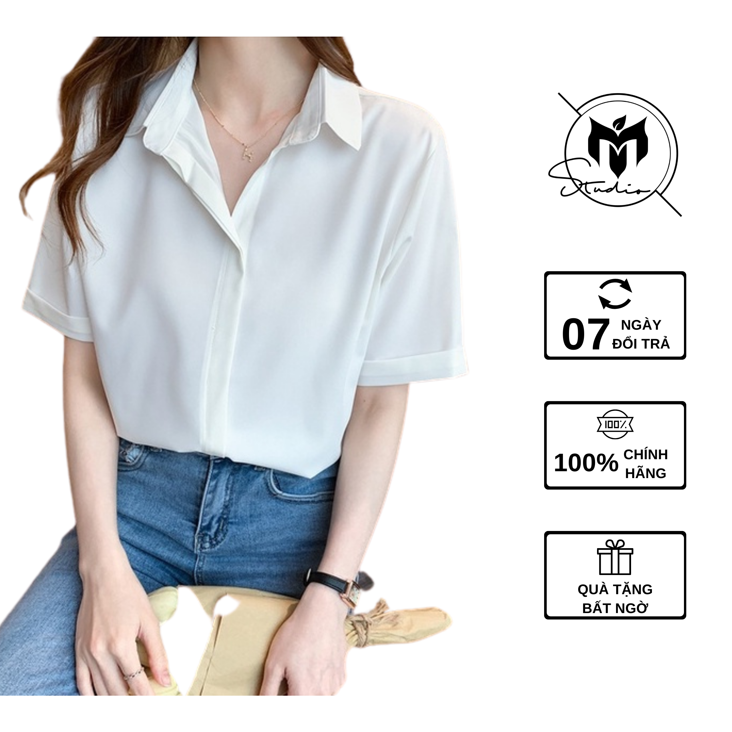 Áo sơ mi công sở nữ đẹp kiểu Hàn Quốc form rộng tay ngắn chất lụa cao cấp Trắng Be Đen Xanh Local Brand Midori M Studio