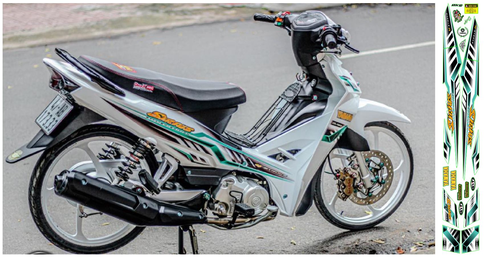Tem rời xe sirius màu trắng xanh , mẫu tem chỉ xanh đen lục bảo cực ngầu