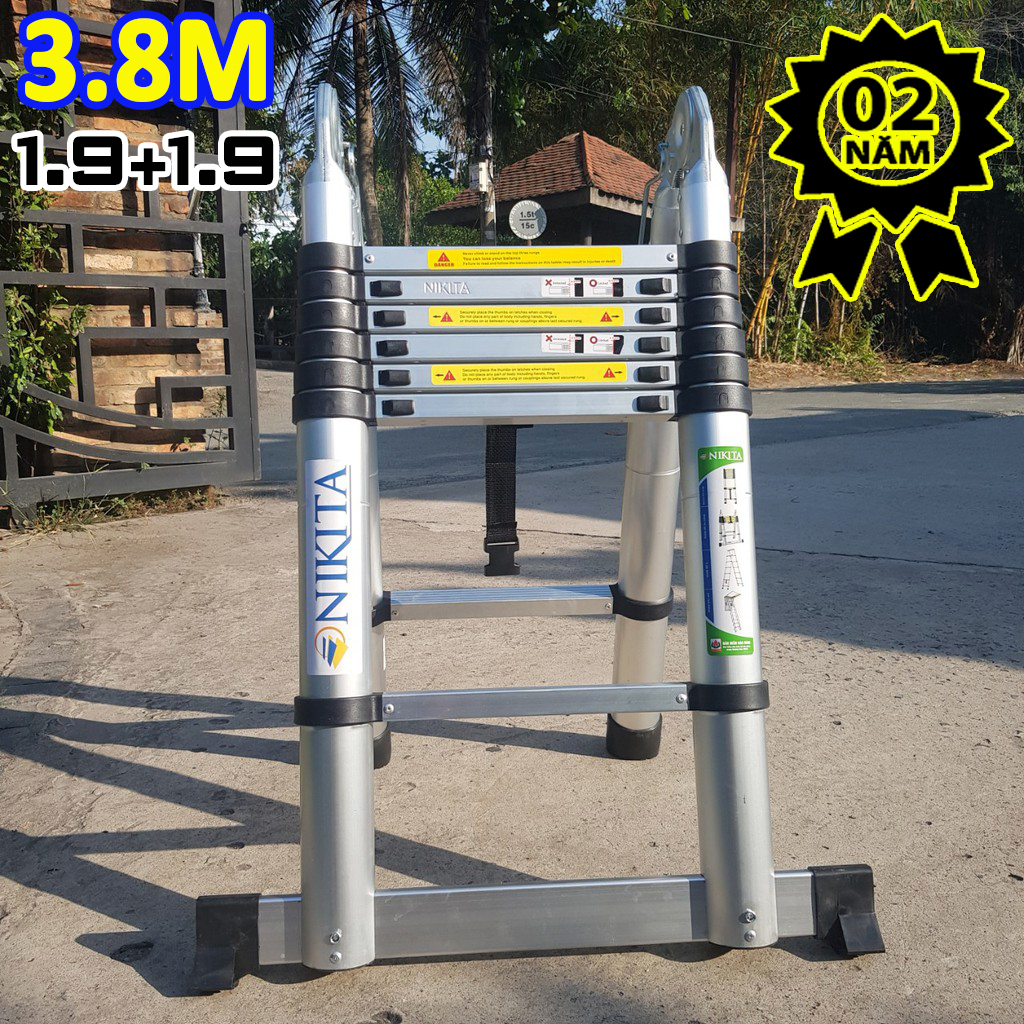 Thang nhôm rút xếp đôi NIKITA AI38 chữ A: 1.9M chữ I: 3.8M (Bảo hành 2 năm) Hàng chính hãng có logo dập nổi
