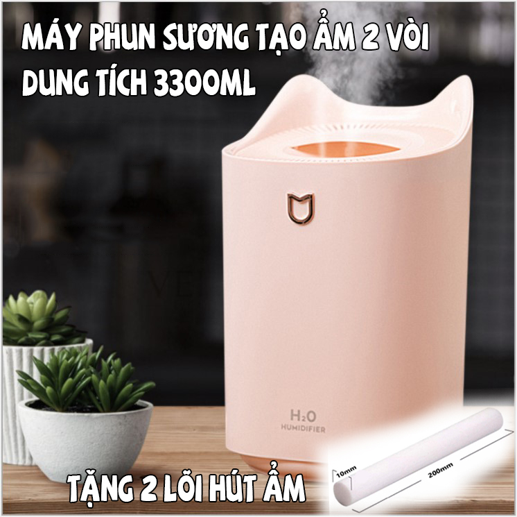 [Tặng 2 Lõi Hút Ẩm] Máy Phun Sương Tạo Ẩm Dung Tích 3L Có Đèn Led Đổi Màu, 2 Vòi Phun, Tạo Độ Ẩm Phòng Điều Hòa Siêu Tốt, Làm Mát Không Khí, Sử Dụng Như Đèn Ngủ, Tự Động Ngắt Khi Hết Nước -Tonoto Store