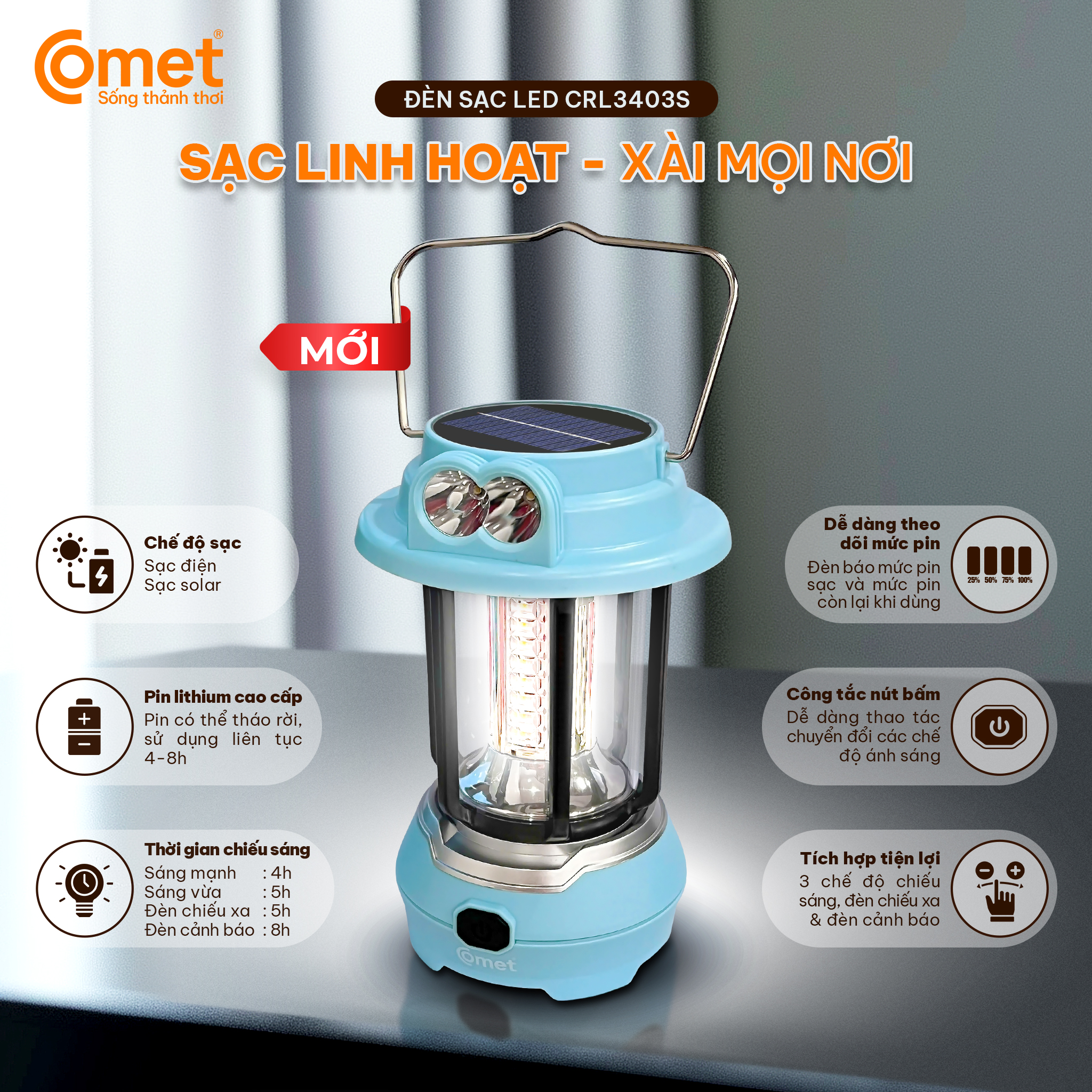 Đèn Sạc Tích Điện COMET CRL3403S 9W Sạc Solar để Cắm trại Đèn pin Đèn sạc Đèn SOS - BH 12 tháng