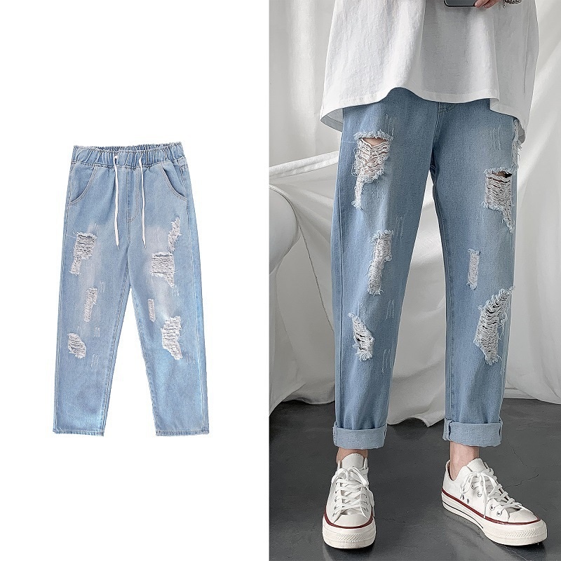 Quần jean rách nam baggy cạp chun, Jeans chất denim dày dặn mềm mịn co dãn nhẹ form unisex choa cả nam và nữ