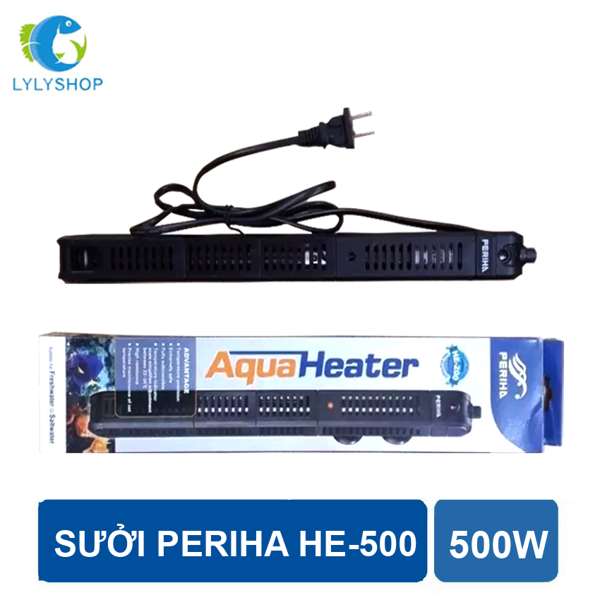 Máy sưởi bể cá 500W PERIHA HE-500 cao cấp, có bọc nhựa chống bỏng cá cho bể cá, hồ cá.