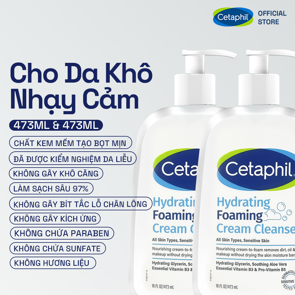 Combo 2 Sữa rửa mặt tạo bọt dịu lành cho da khô nhạy cảm Cetaphil Hydrating Foaming Cream Cleanser 473ml