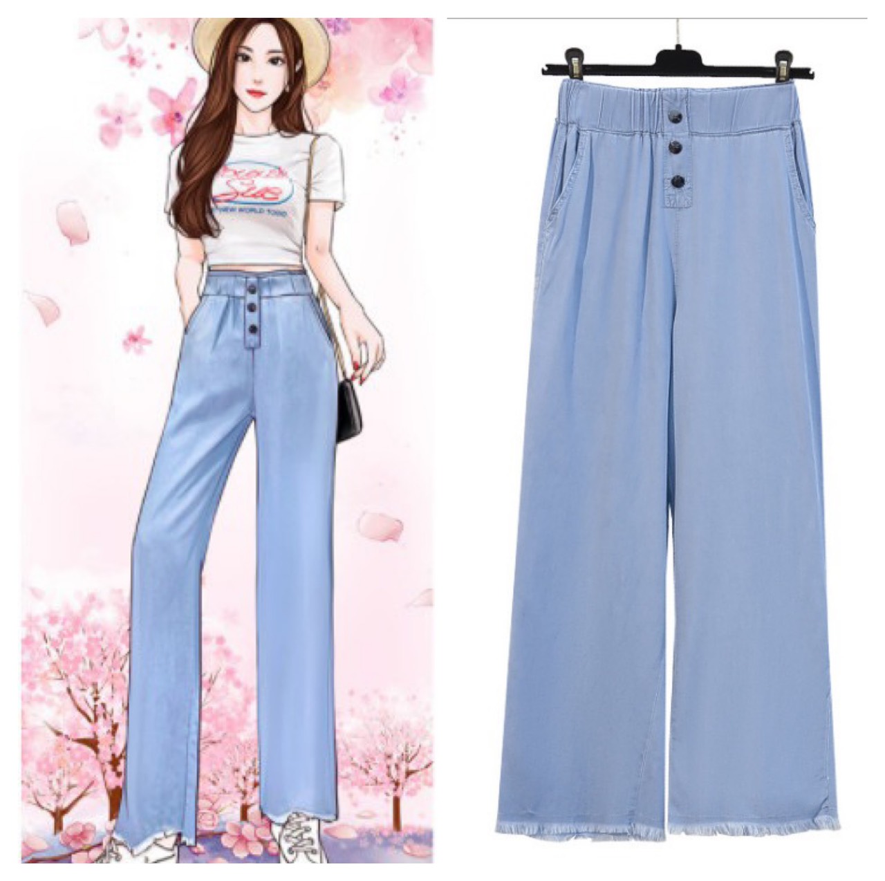 Quần jean ống rộng dáng suông cạp cao eo thun QS32
