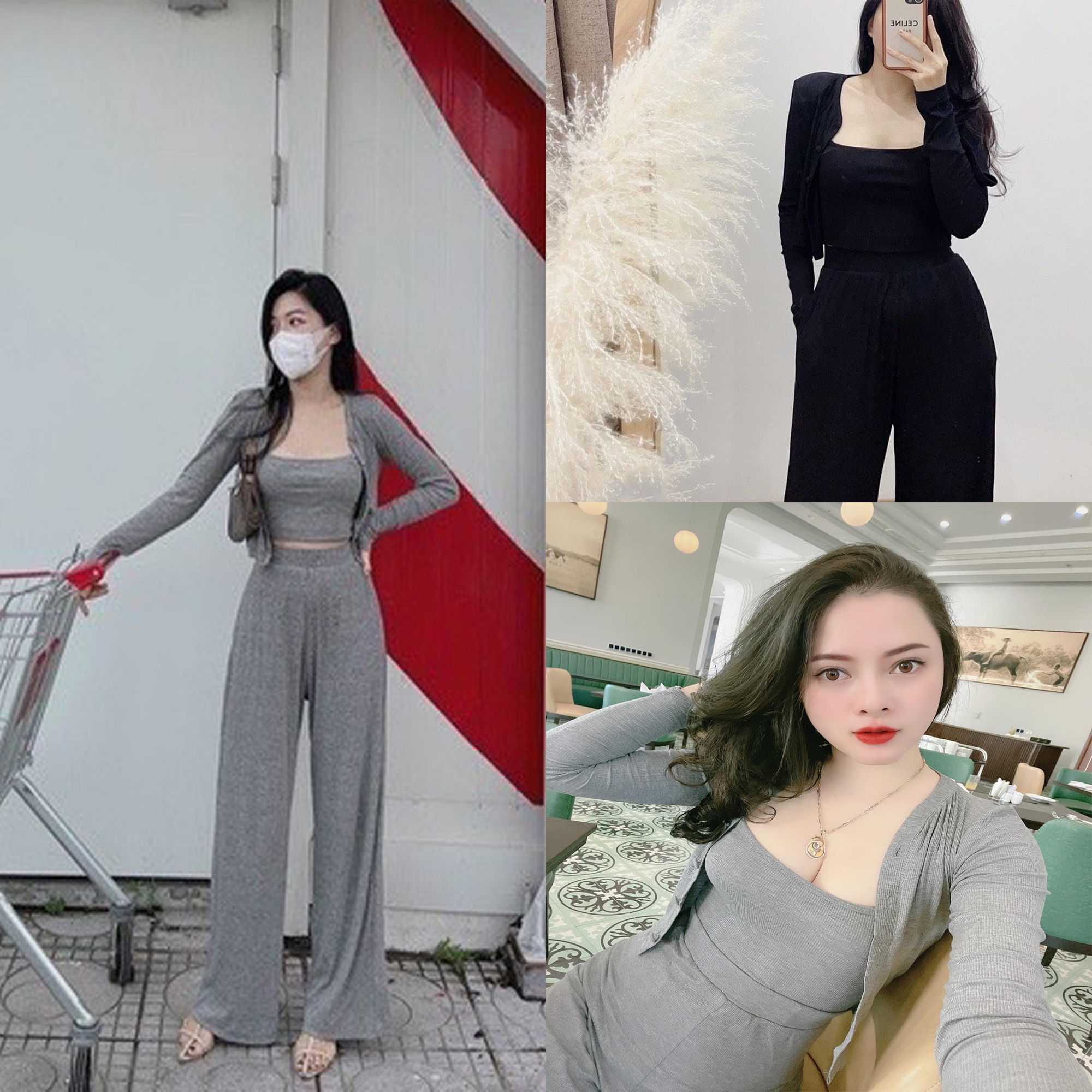 Set bộ nữ 3 món áo len áo choàng mix quần suông thụng kèm áo 2 dây nữ