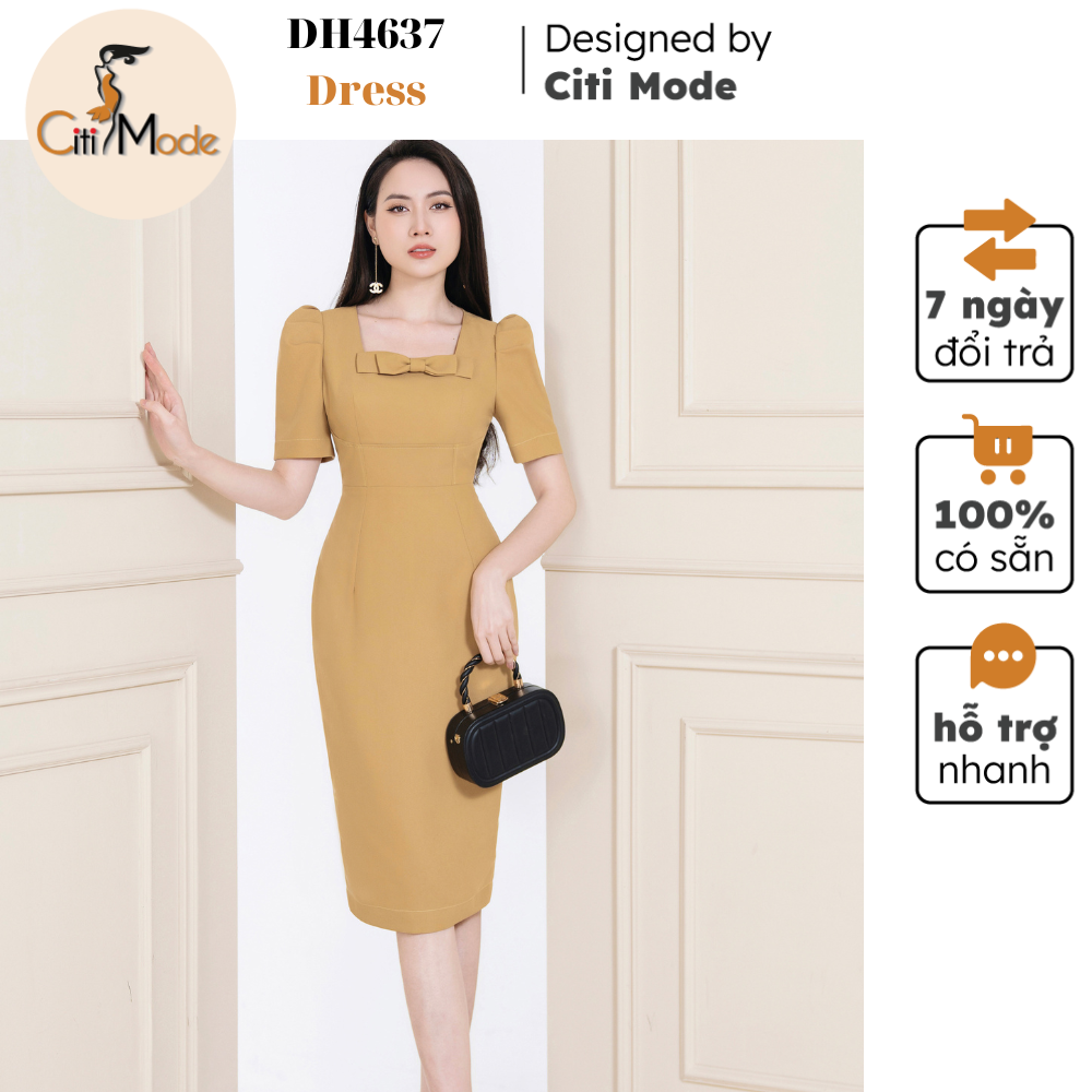 Đầm công sở citi mode fashion thiết kế dáng ôm vàng phối nơ cổ cách điệu dh4637