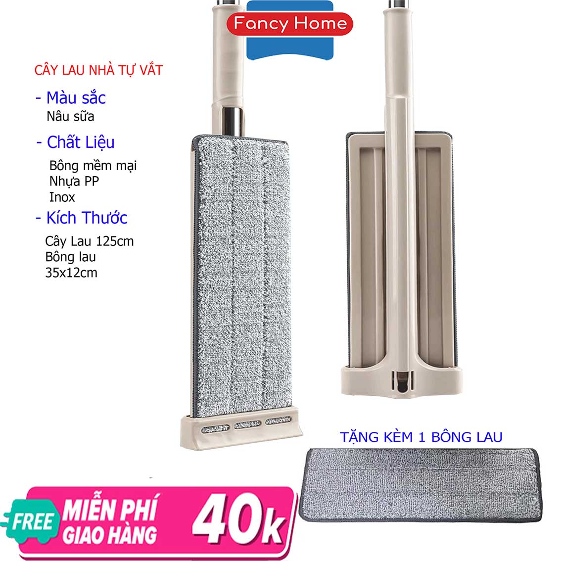 Cây lau nhà tự vắt 360 độ thông minh Fancy Home tự đứng thẳng, sợi bông tĩnh điện nano xoay 360 độ làm sạch mọi  ngóc ngách, dễ tháo rời gấp gọn thuộc dòng cây lau nhà tự vắt, chổi lau nhà gấp gọn tặng kèm bông lau