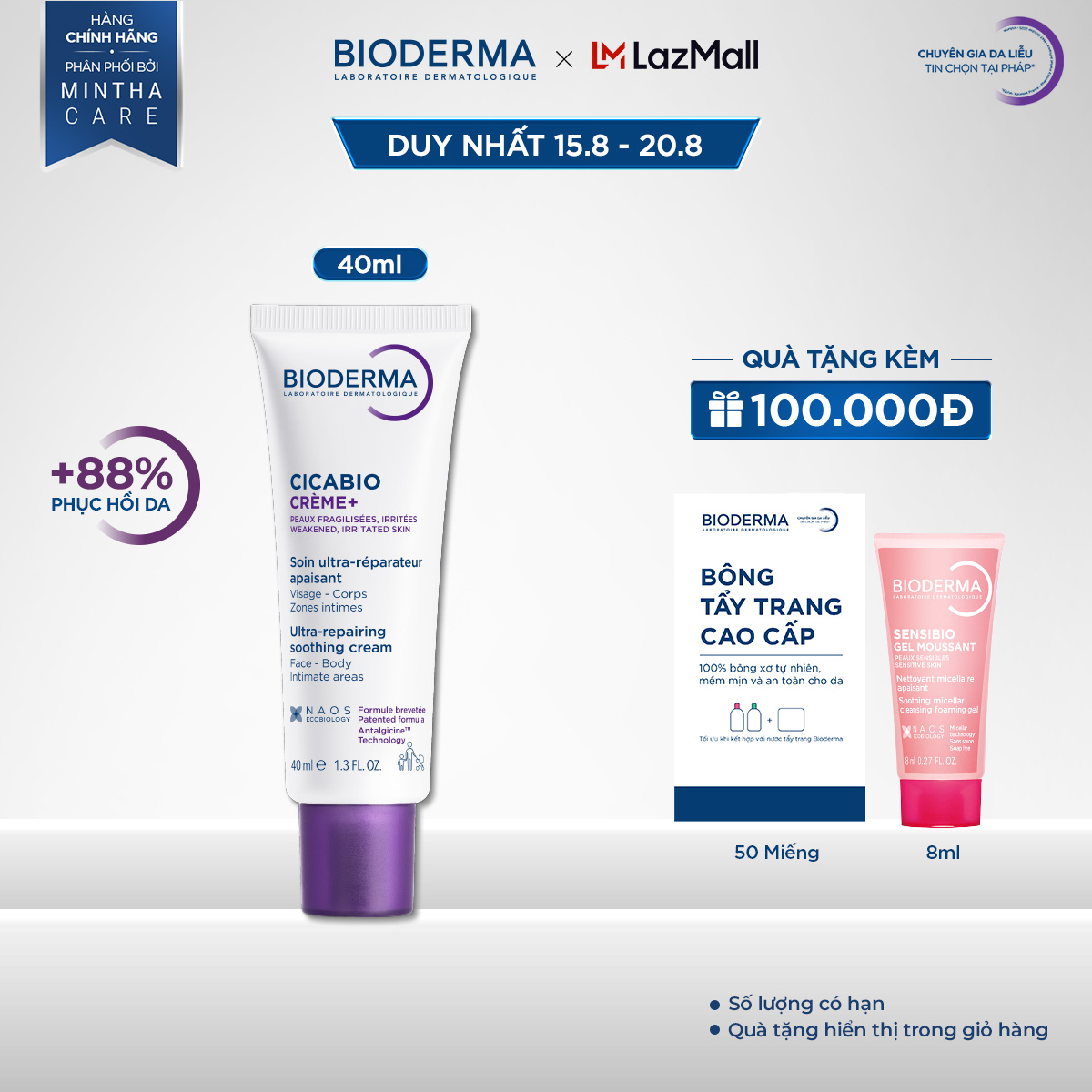 Kem phục hồi da tổn thương và ngăn ngừa sẹo Bioderma Cicabio Crème+ 40ml
