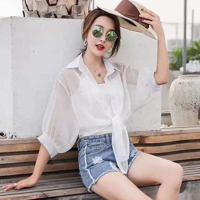 Áo Sơmi Mỏng Cột Dây Trước Bụng Xinh Xắn