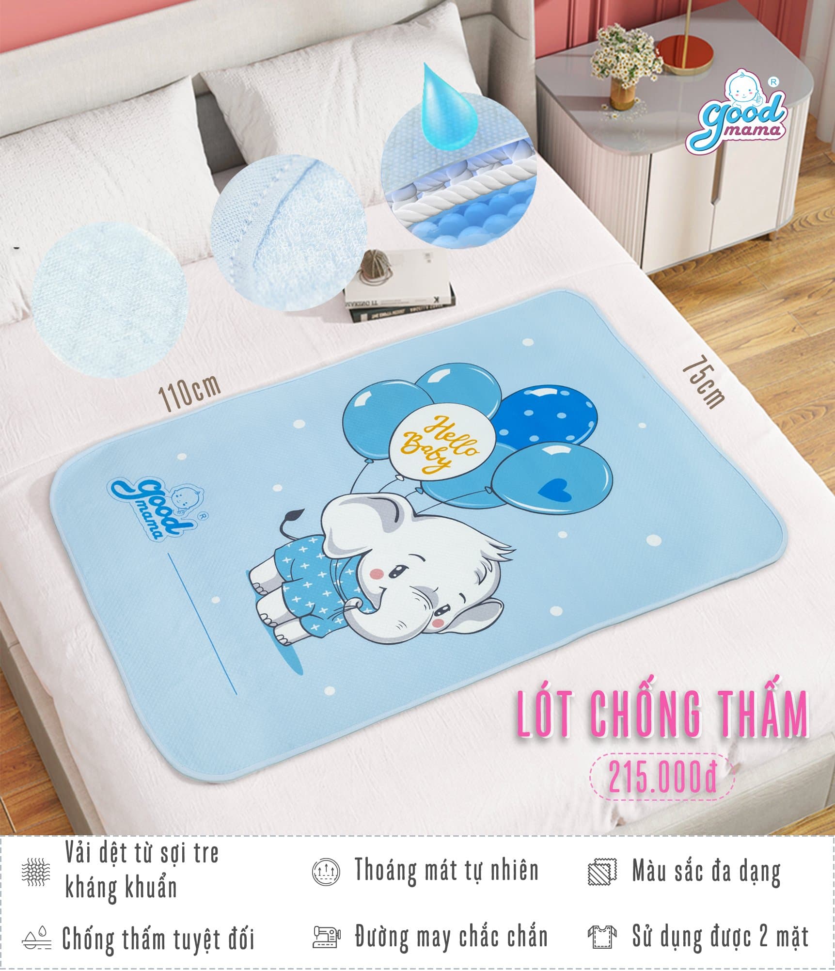 Miếng lót chống thấm cao cấp goodmama cho bé [Size 75x110cm] Êm ái, thoáng mát,-tấm lót chống thấm