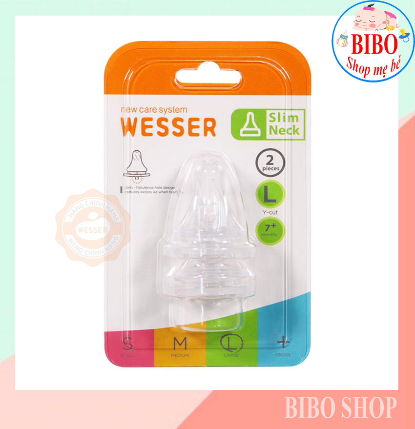 Set 2 núm ty wesser cổ hẹp siêu mềm có van thông hơi size l dành cho bé trên 7 tháng
