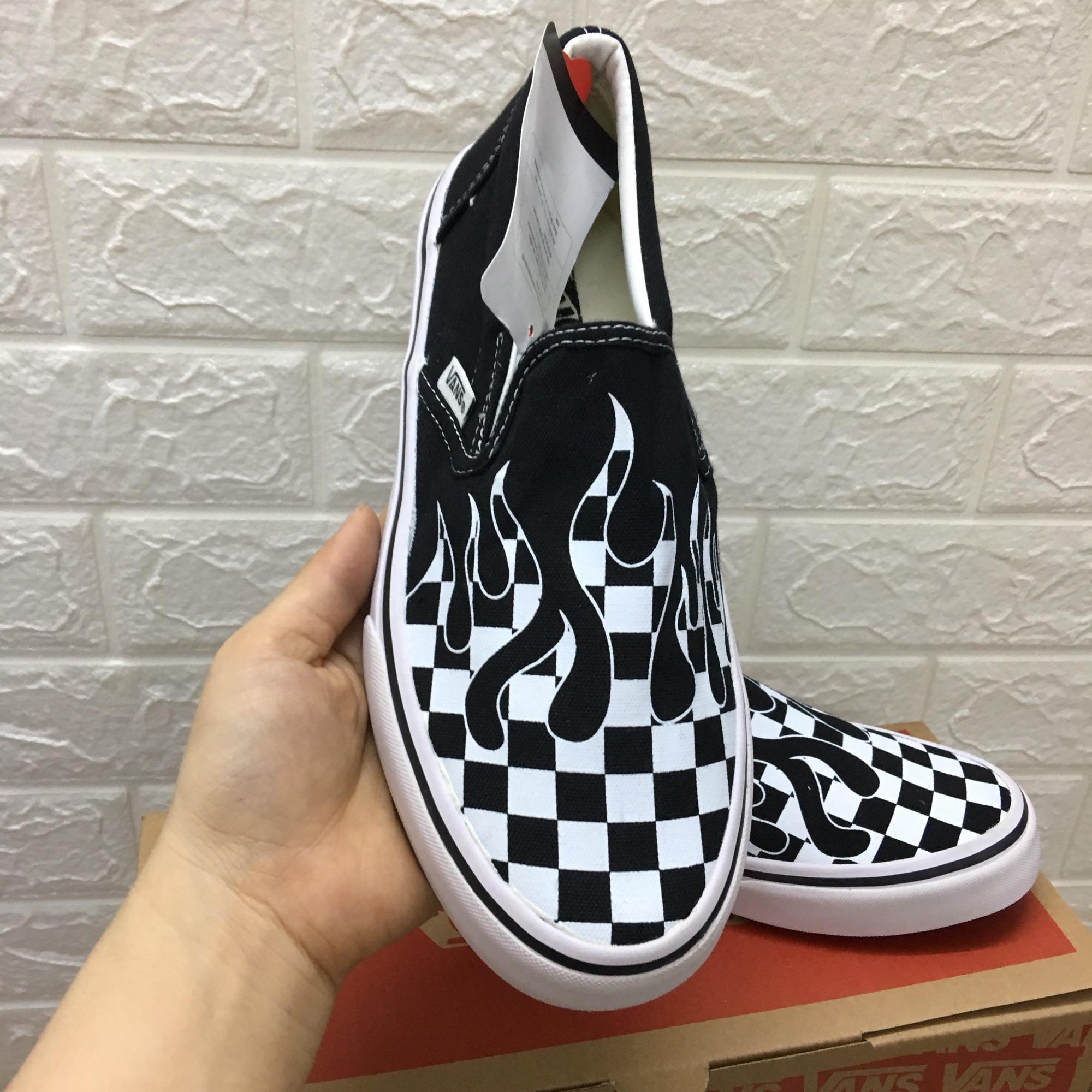 [SALE SỐC 3 ngày +TẶNG HỘP] Giày thể thao lười caro lửa ĐEN TRẮNG size 36-43