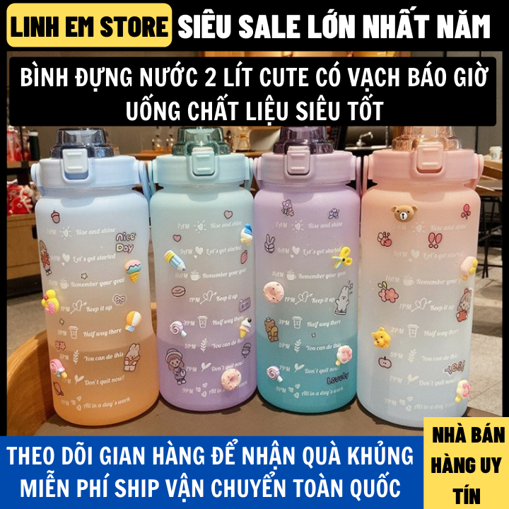 Bình Nước Cute 2 Lít Có Vạch Báo Giờ Uống Nước Tiện Lợi Chất Liệu Tốt, bình nước cute nữ, bình đựng nước 2 lít, bình đựng nước, bình giữ nhiệt