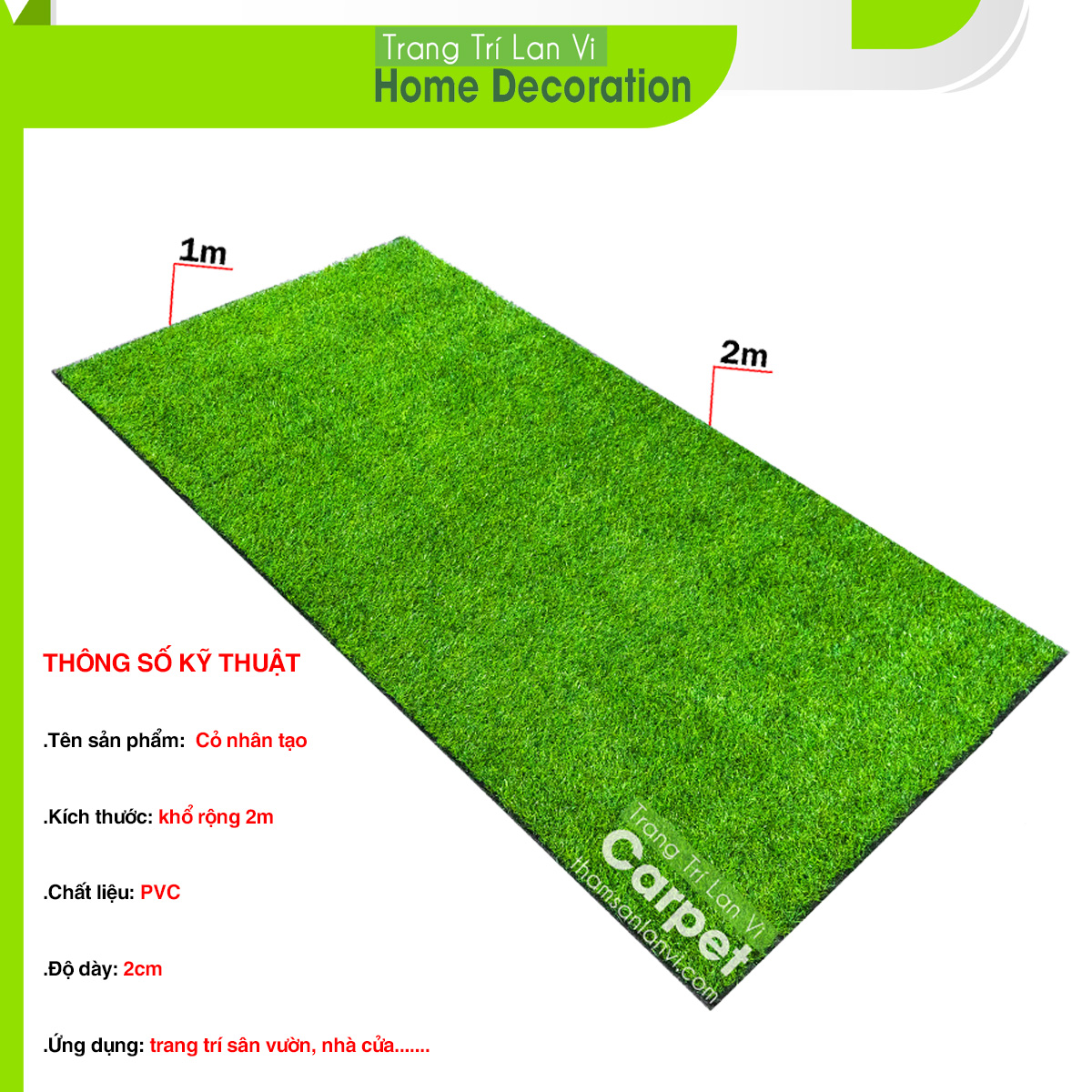 Cỏ nhân tạo dày 2cm trang trí nhà cửa sân vườn độ bên cao thoát nước, khổ rộng 2m