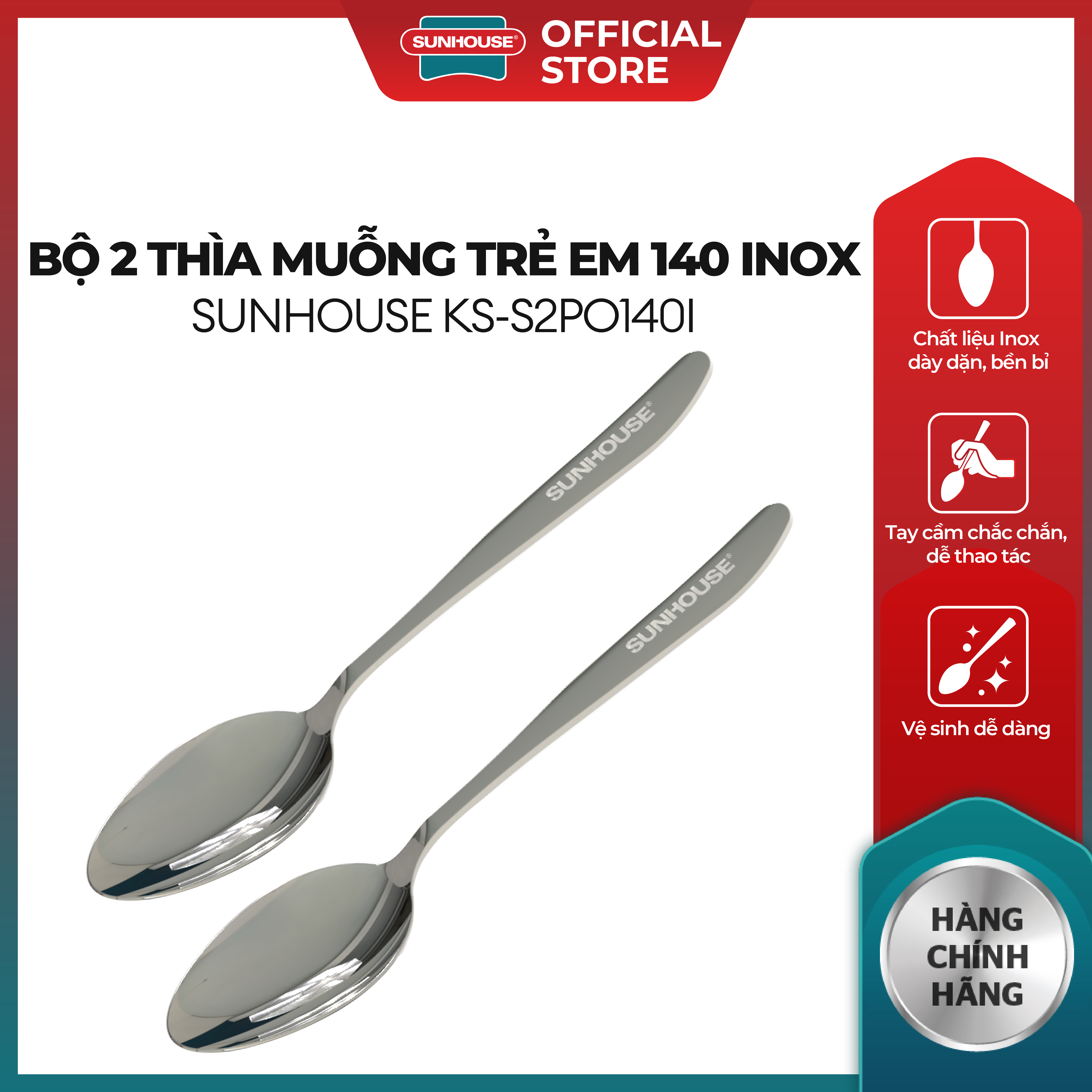 Bộ 2 Thìa muỗng trẻ em 140 inox Sunhouse KS-S2PO140I - Inox chống gỉ dày dặn - Tay cầm chắc chắn - Dễ làm sạch