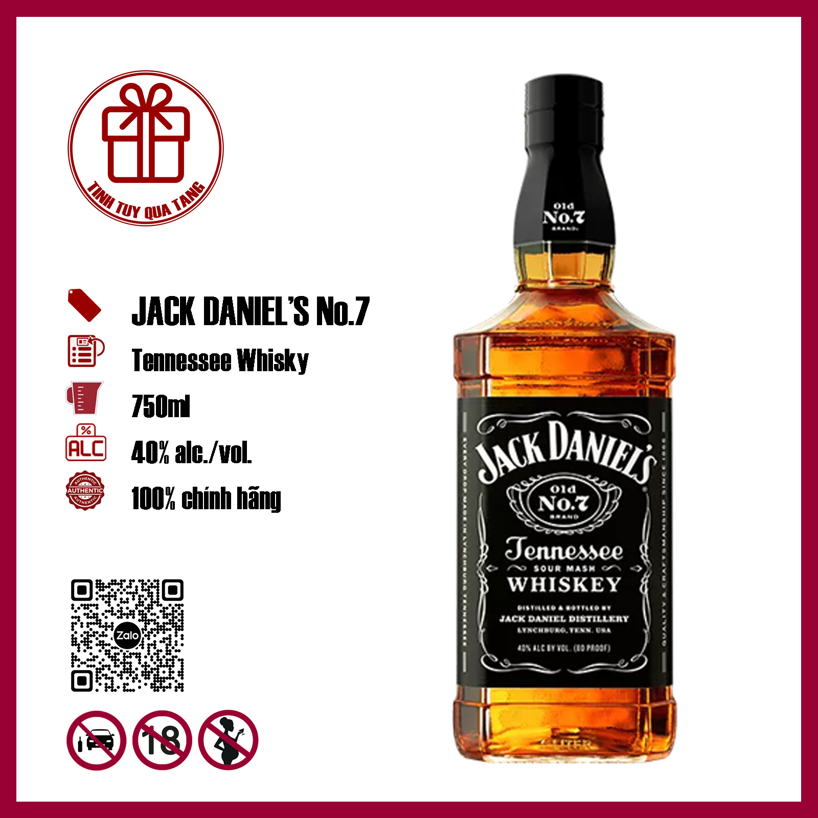 Bourbon Whiskey Jack Daniel's dung tích 700ml nồng độ 40%