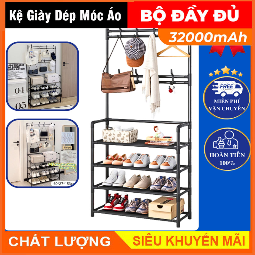 Giá để giày - Kệ để giày dép đa năng 4 tầng chữ H thông minh có 8 móc treo quần áo tiện ích, kệ giày , kệ 4 tầng, kệ 3 tầng, kệ dép, kệ giày dép, kệ phòng khách, kệ để quần áo, kệ treo quần áo, giá treo quần áo, kệ , giá
