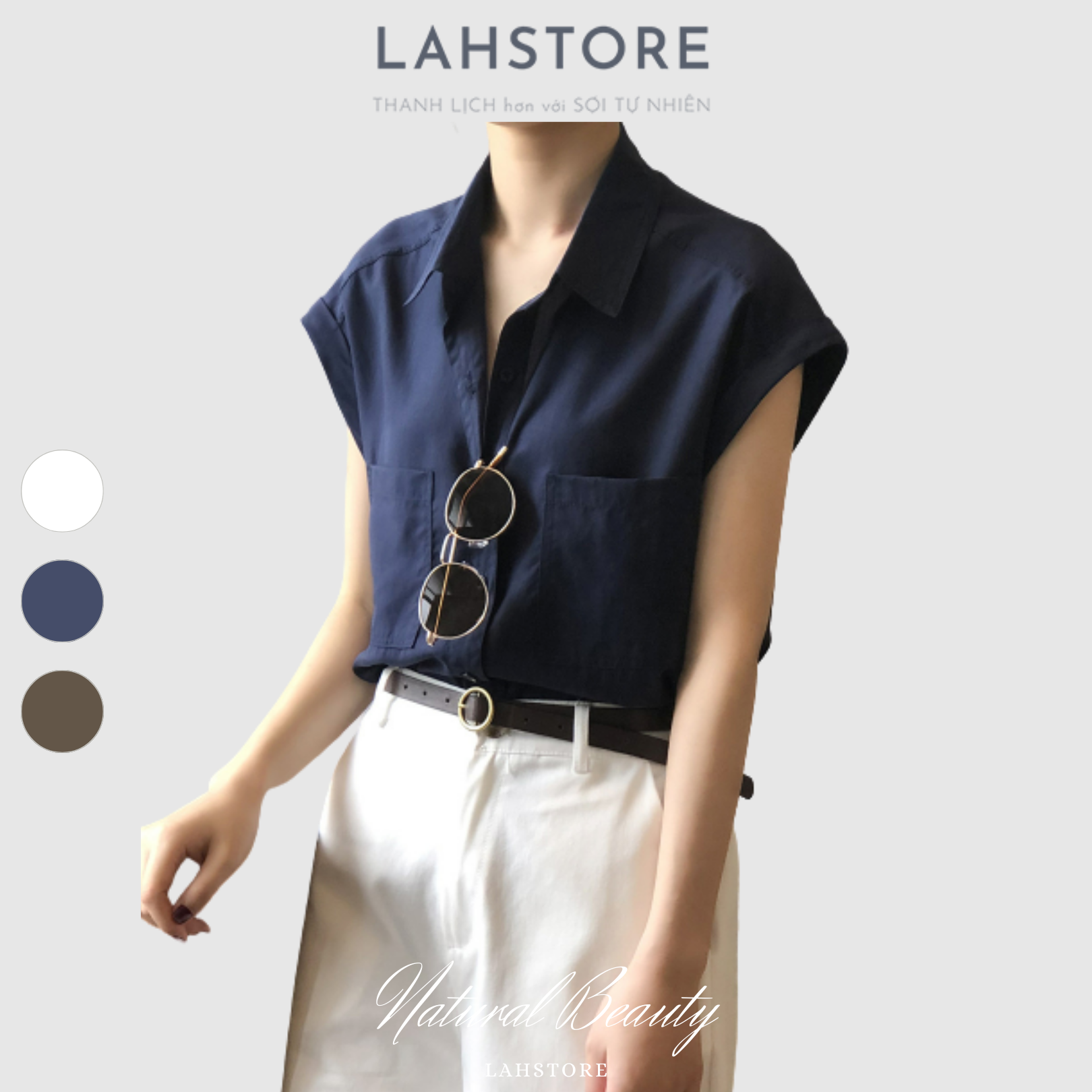 Áo sơ mi nữ form rộng cộc tay vải linen dáng dài hai túi ngực - LAHSTORE Linen Collection