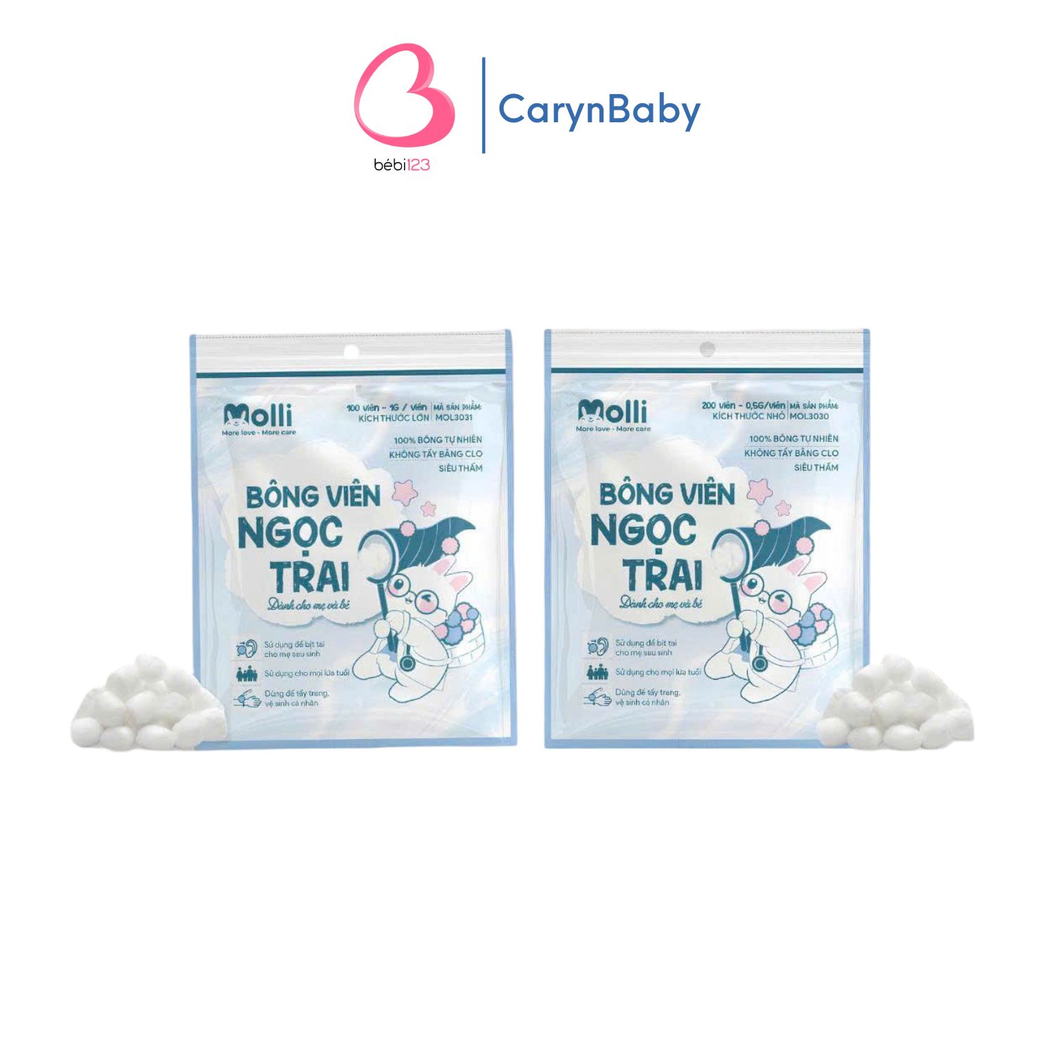 Bông Viên Y Tế Molli Siêu Thấm Hút Gói 100/200 Viên Thấm Nước Tốt Sạch Khuẩn An Toàn Cho Bé bebi123