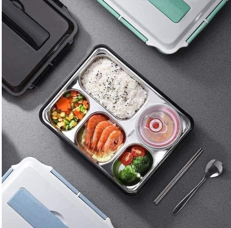 Hộp Đựng Cơm Khay Đựng Cơm Văn Phòng 5 Ngăn Inox 304 Thiết Kế Thông Minh Giữ Nhiệt Chống Tràn Có Giá Để Điện Thoại Hộp cơm chịu nhiệt tốt,có khay chia thức ăn inox giữ nhiệt tốt Tặng Thìa Đũa Cấp,