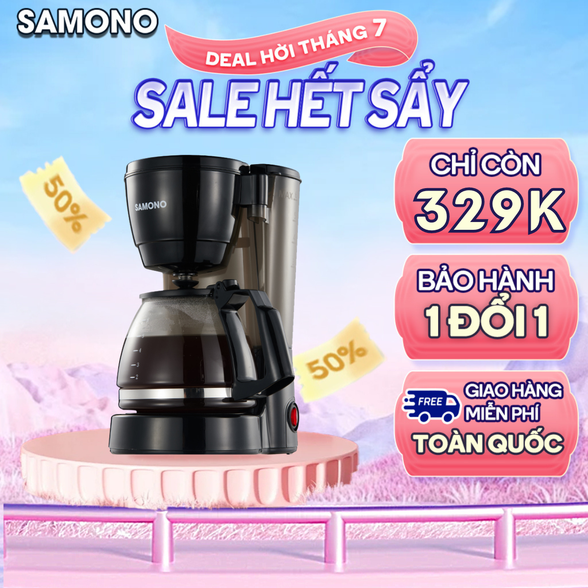 (BH 1 Năm)Samono Máy pha cà phê/trà 750ml, chức năng giữ nhiệt, vòi tự ngắt chống rò rỉ, hộp chứa có thể tháo rời SW-CMB06B