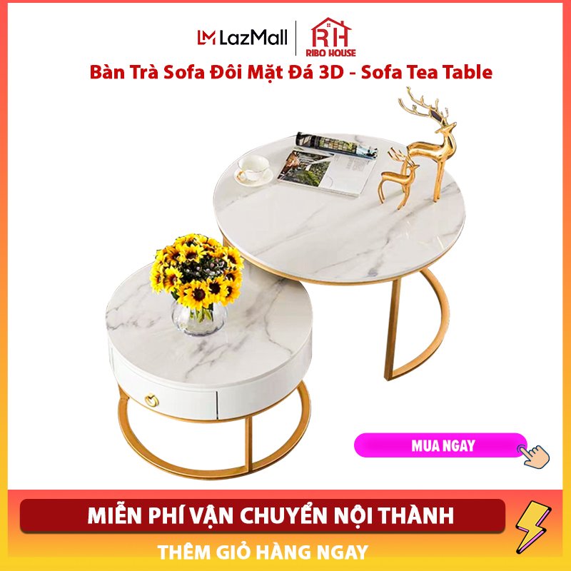 Bàn trà sofa đôi có hộp cao cấp RIBO HOUSE mặt đá vân 3D sang trọng nội thất phòng khách RIBO87