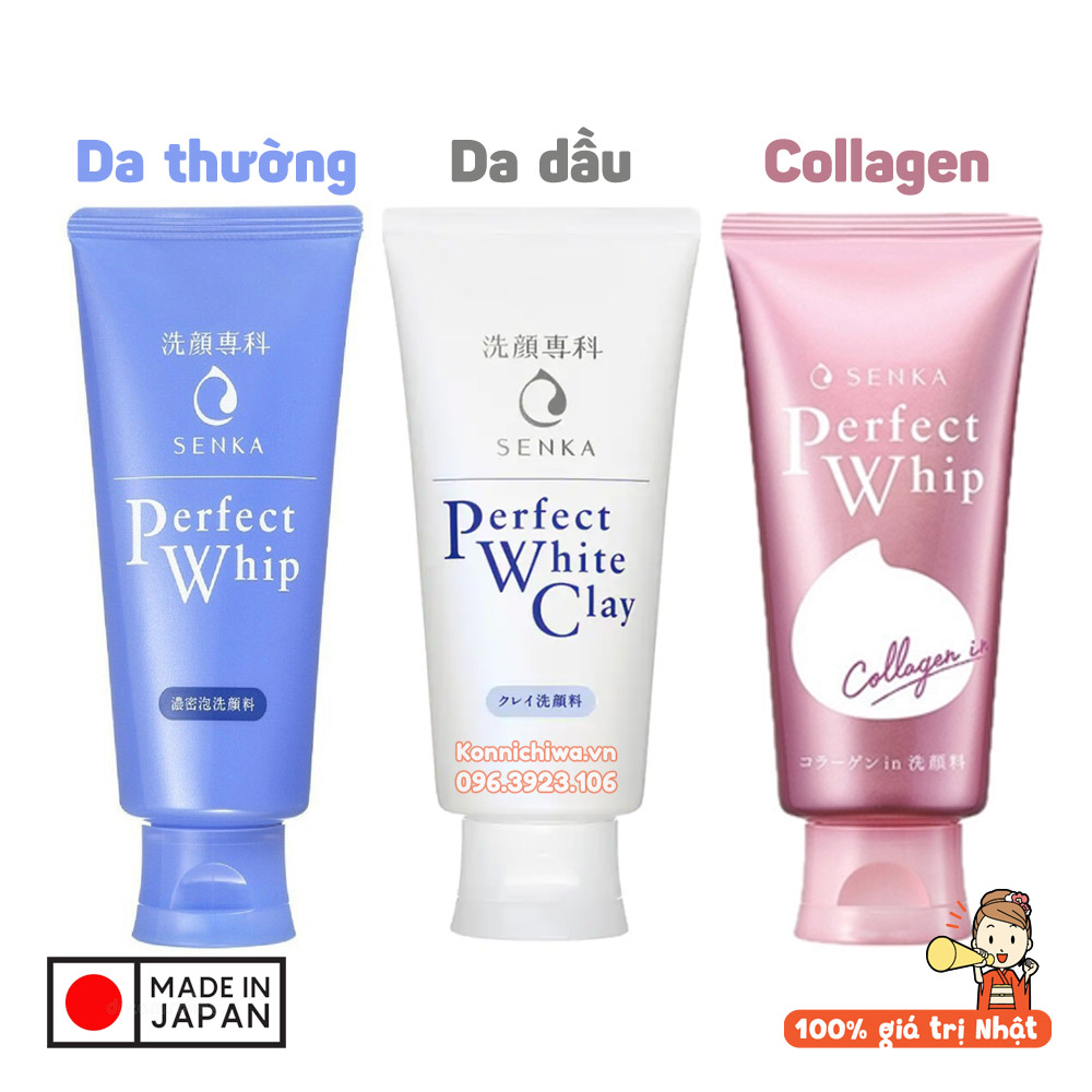 Sữa rửa mặt SENKA Perfect Whip tuýp 120g nội địa Nhật Bản, đủ phiên bản White Clay, Collagen In - 4901872444915, 4901872451708, 4901872462087