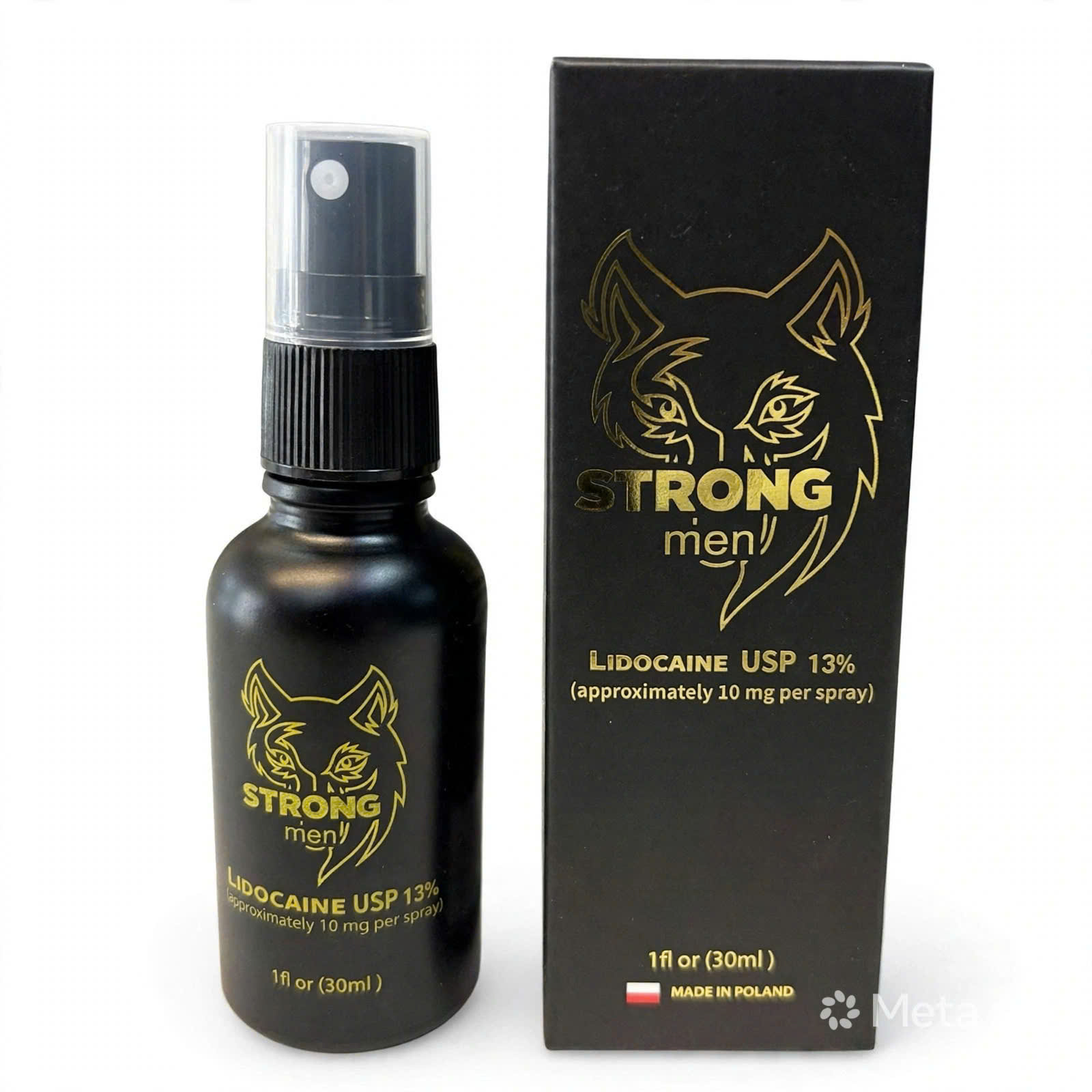 Sản phẩm xịt nam Strong men LipoCaine USP 13% 1 fl oz (30ml) hộp đen in hình sói vàng