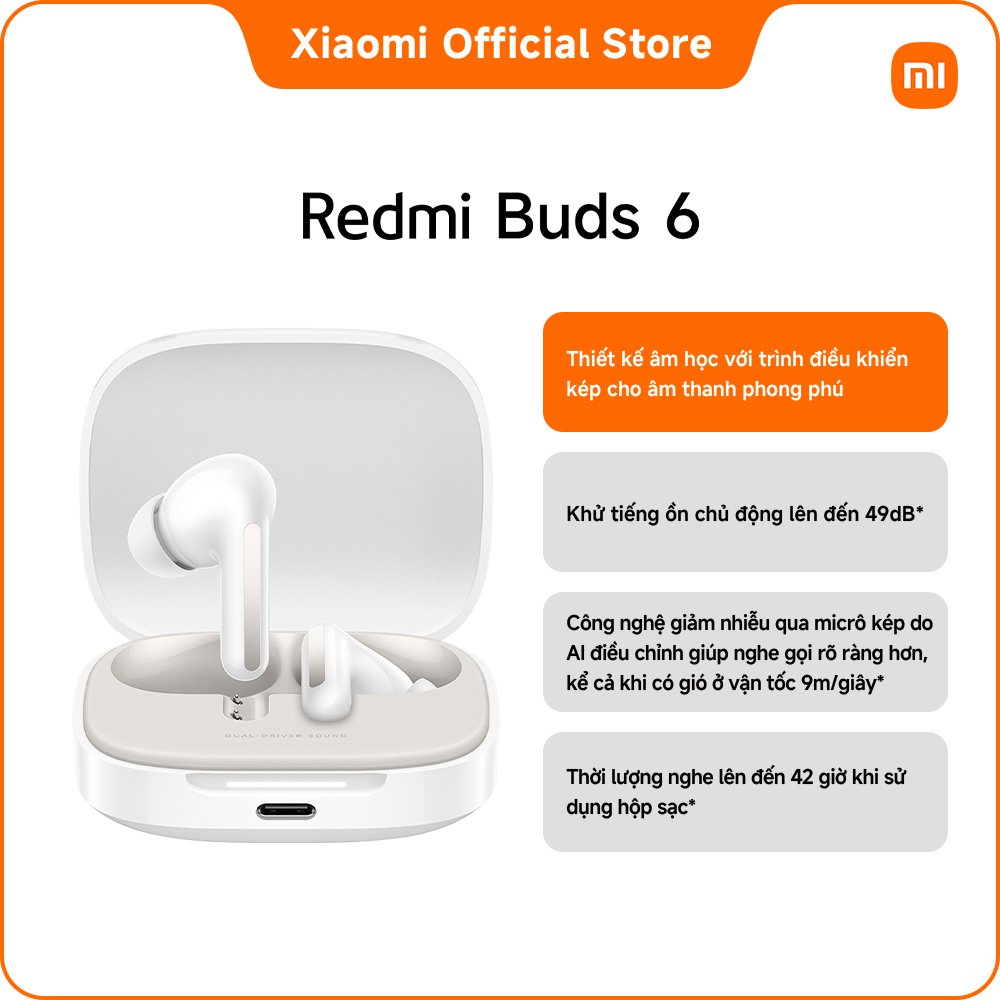 Tai nghe Bluetooth REDMI Buds 6 | Thiết kế âm học với trình điều khiển kép cho âm thanh phong phú | Khử tiếng ồn chủ động lên đến 49dB* | Công nghệ giảm nhiễu qua micrô kép do AI điều chỉnh giúp nghe gọi rõ ràng hơn
