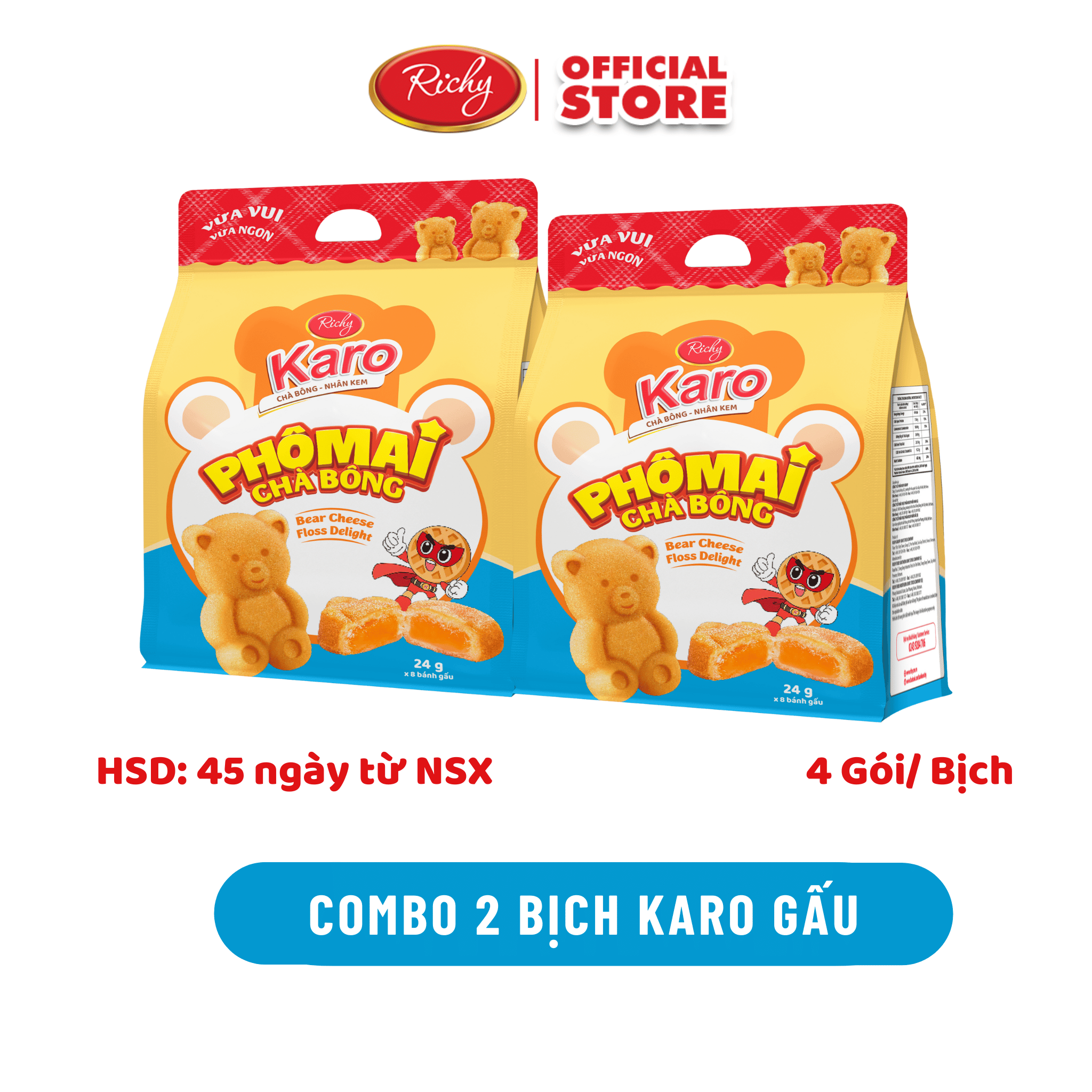 [BAO BÌ MỚI] Combo 2 Bịch Bánh Karo Gấu chà bông nhân phô mai, 1 Bịch 4 Gói Nhỏ, Bánh tươi ăn sáng dinh dưỡng, ăn vặt , HSD 45 ngày từ NSX - Khách hàng cân nhắc khi mua số lượng lớn - Bánh kẹo Richy