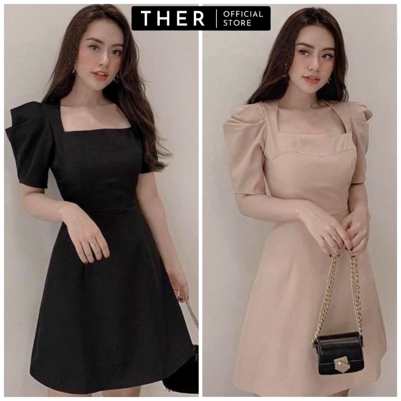 Đầm váy nữ dự tiệc sang trọng form ngắn tay phồng cổ vuông ôm eo xòe chữ a khoét lưng sang trọng