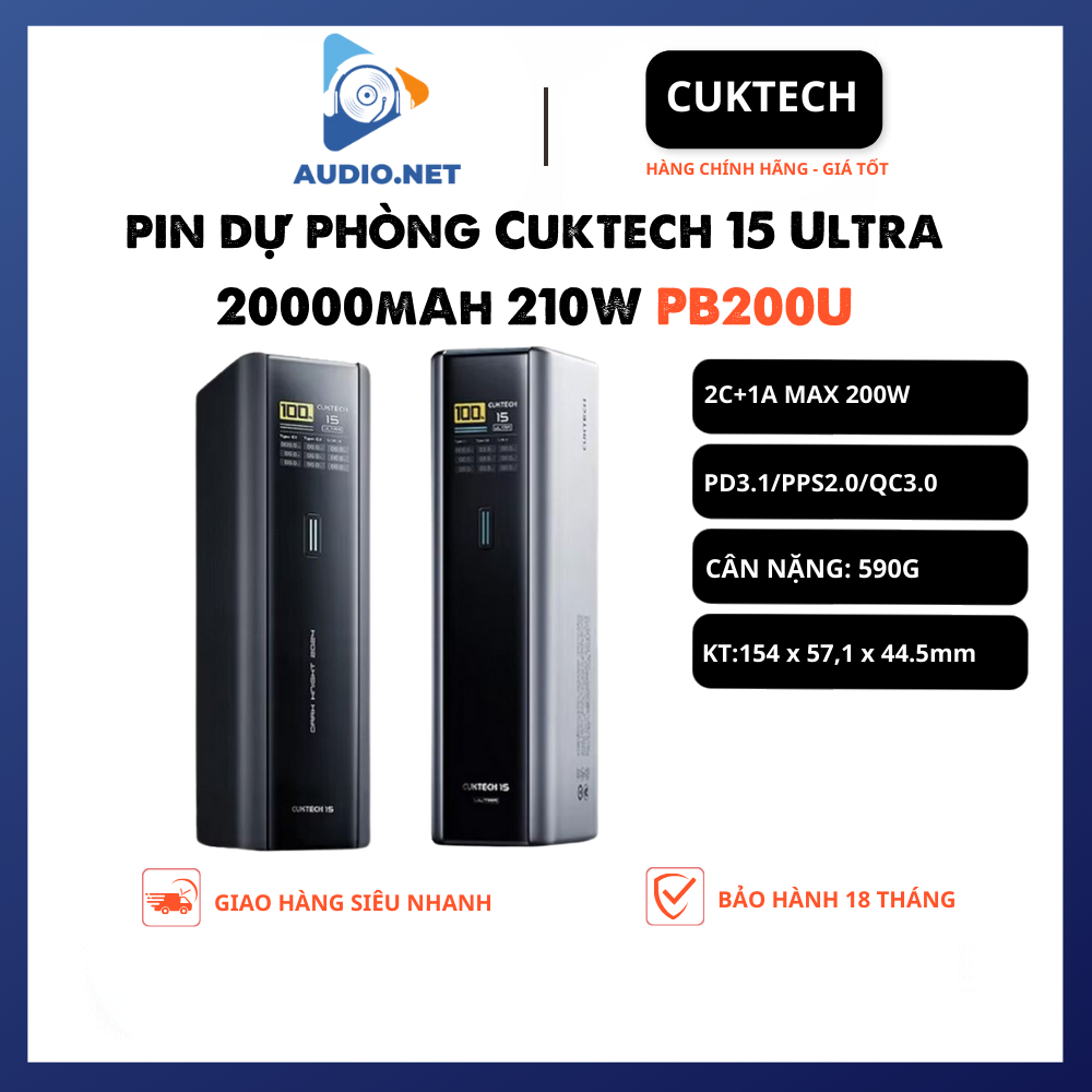 Sạc Dự Phòng Cuktech 210W (PB200U) 15 Ultra 20000mAh 15 Ultra 2C1A PD3.1 PPS2.0 Mi Turbro 120W - BH 18 Tháng.