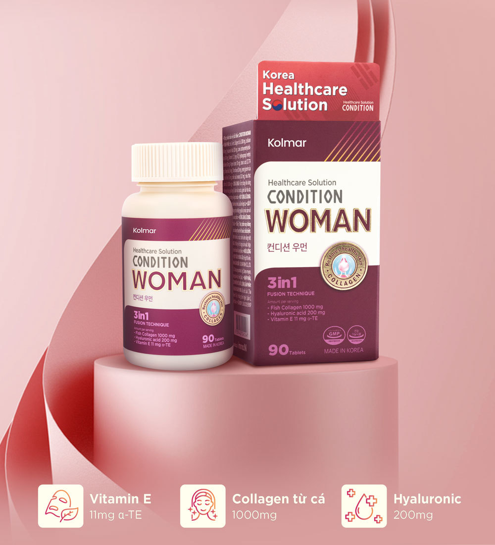 [Kolmar] Thực Phẩm Bảo Vệ Sức Khỏe CONDITION WOMAN - Giúp bổ sung collagen Vitamin E cấp ẩm và làm tăng vẻ đẹp làn da - Hộp 90 Viên uống collagen - 100% Nhập khẩu từ Hàn Quốc