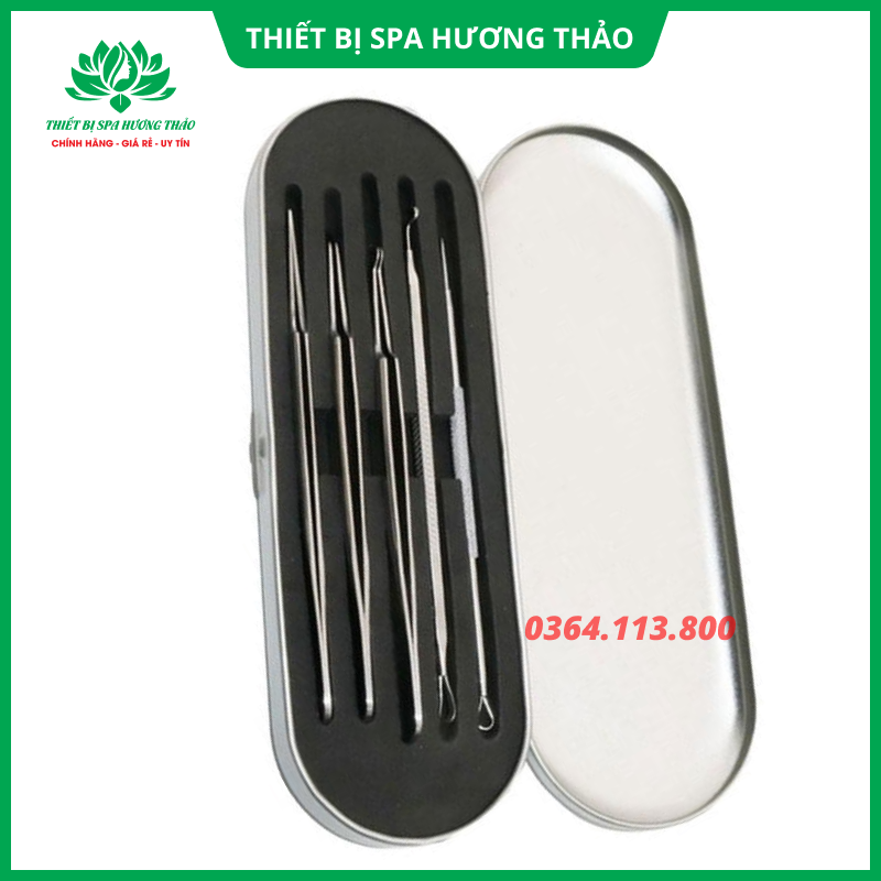Bộ dụng cụ nặn mụn 5 chi tiết không gỉ (3 que gắp + 2 que nặn mụn)