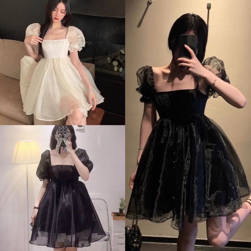 Váy babydoll nữ tay phồng Cổ vuông- Đầm công chúa tiểu thư dáng xoè chất voan 2 lớp bồng bềnh phong cách hàn quốc