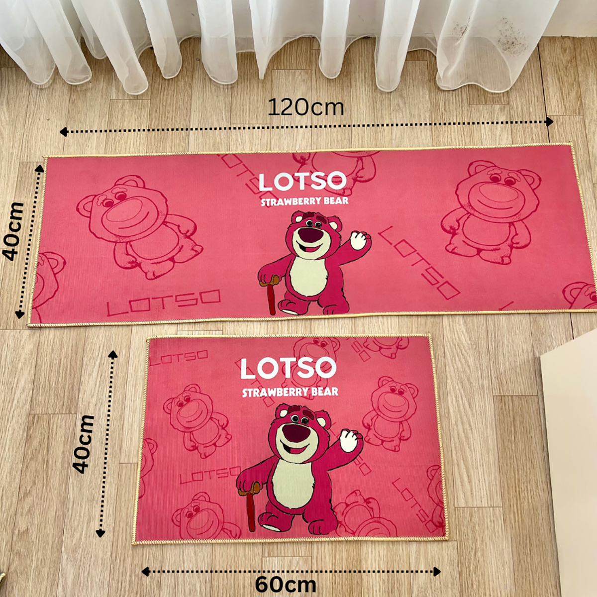 Thảm bếp bộ 2 tấm mẫu gấu dâu hồng LOTSO 40x60cm và 40x120cm thảm chùi chân nhà tắm trải bếp chất nỉ lì bali