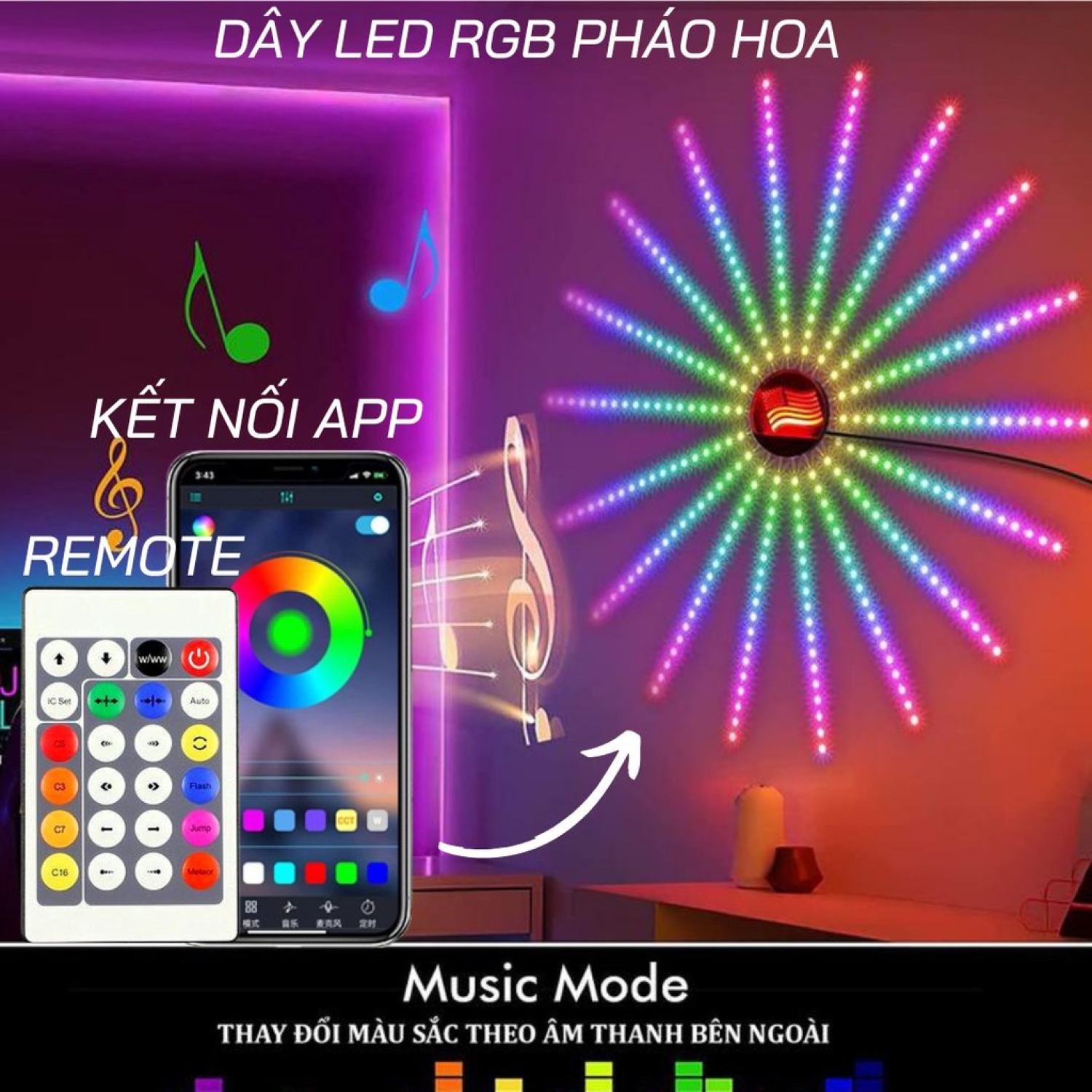 Dây Led RGB Pháo Hoa 16 Màu Cảm Biến Âm Thanh Có Remote Điều Khiển và Kết Nối APP Điện Thoại Trang Trí Decor Phòng