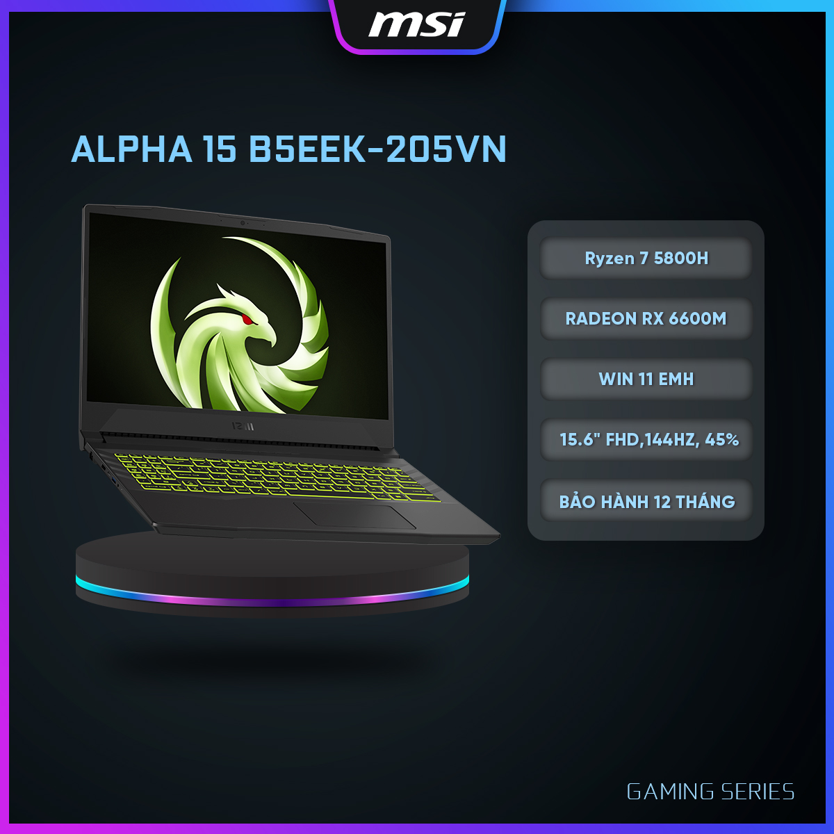 Msi laptop gaming alpha 15 b5eek-205vn|r7 5800hx|rx 6600m|ddr4 16gb|512gb ssd|15.6" fhd, 144hz
