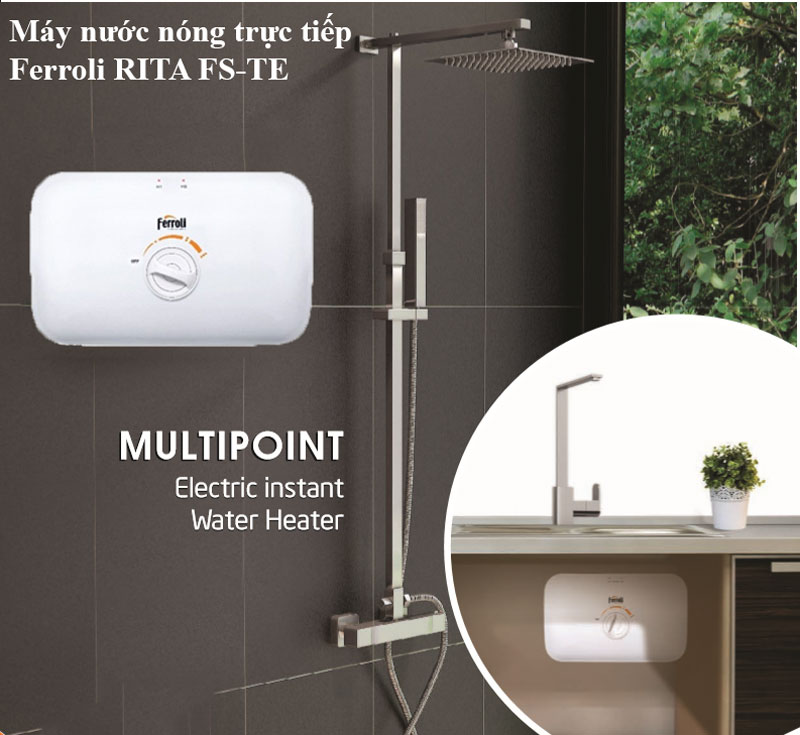 Bình nóng lạnh, Máy nước nóng trực tiếp Ferroli RITA FS - TE 4500W làm nóng siêu nhanh, chống giật an toàn, tiết kiệm điên - Hàng chính hãng