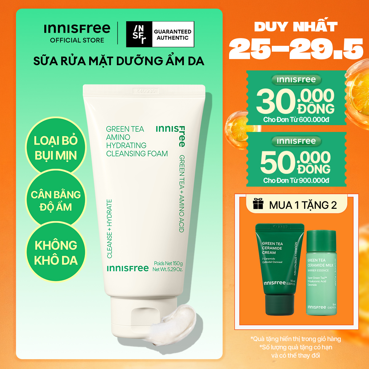Sữa rửa mặt trà xanh sạch sâu ẩm mịn INNISFREE Green Tea Amino Cleansing Foam 150g