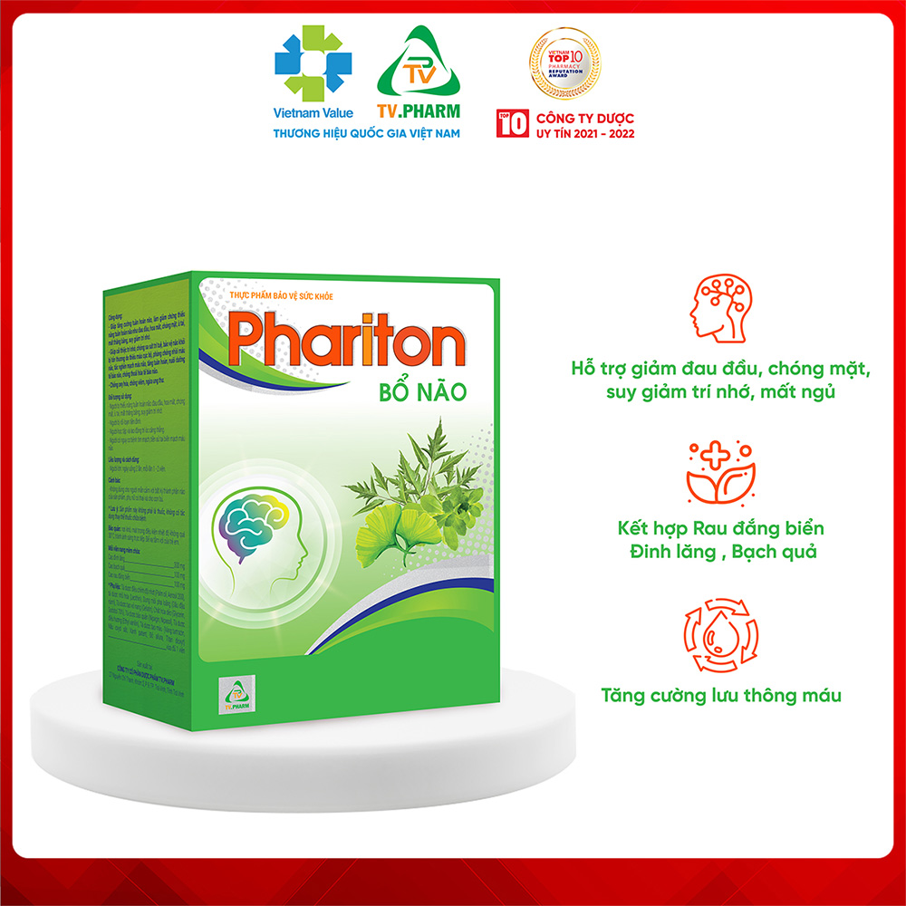 Thực phẩm bảo vệ sức khỏe PHARITON BỔ NÃO - Hỗ trợ giảm đau đầu, chóng mặt, suy giảm trí nhớ, mất ngủ (30 viên)