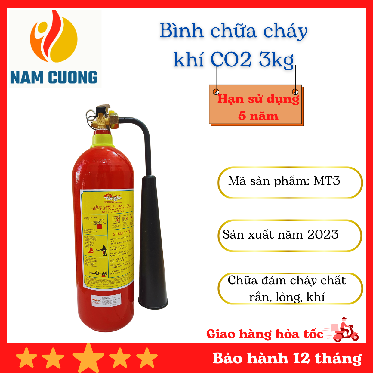 Bình chữa cháy khí CO2 3kg MT3, dễ sử dụng , an toàn tuyệt đối, rất cần thiết cho mọi công ty nhà xưởng