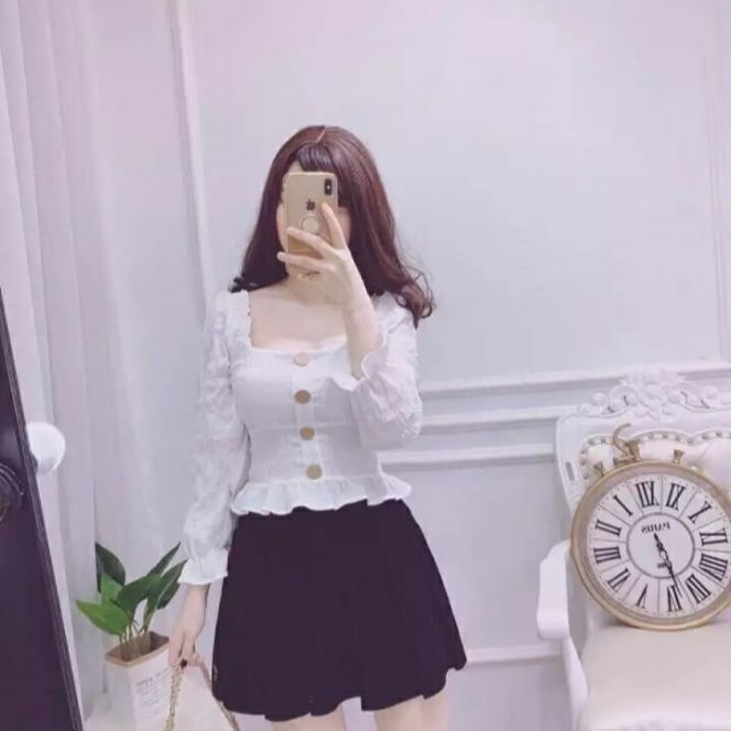 Áo kiểu nữ tay dài cổ vuông nút kiểu gỗ