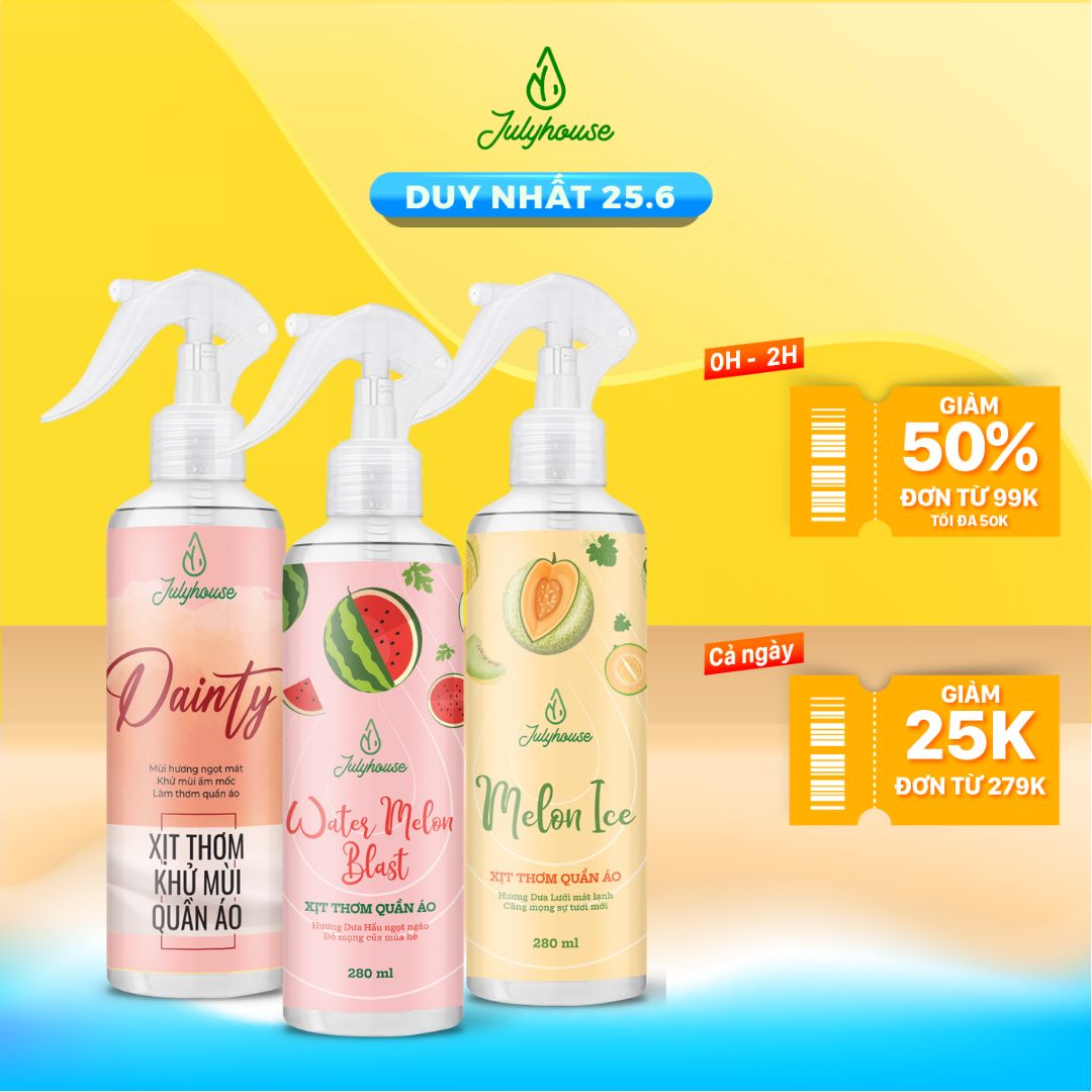 [6 mùi] - Xịt thơm quần áo JULYHOUSE 20ml/280ml chiết xuất tinh dầu thiên nhiên thanh mát, dịu nhẹ