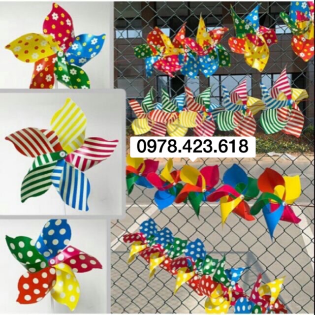 Combo 100 chong chóng 5 cánh 5 màu chấm bi, chấm hoa size 25cm