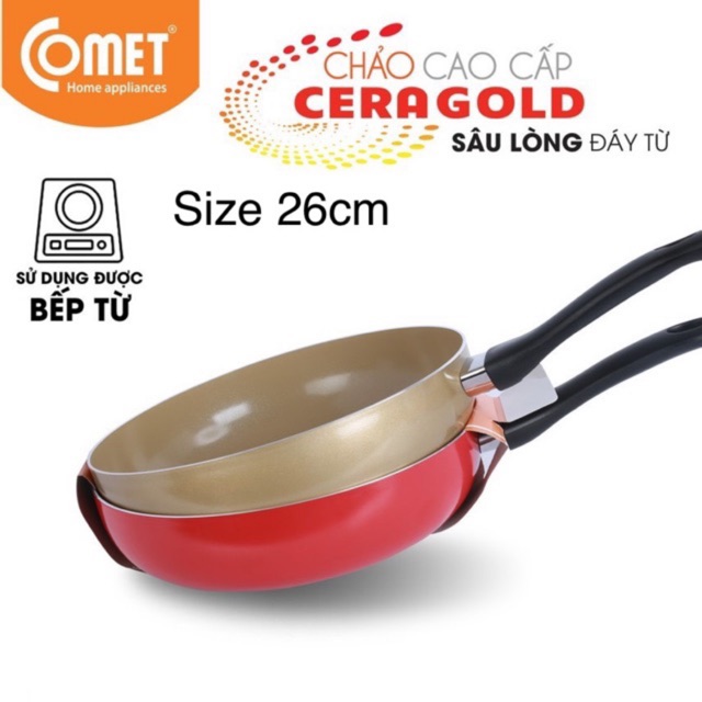 Chảo chống dính cao cấp lòng sâu đáy từ 26cm Comet CH25-26 - Dùng được cho bếp từ và tất cả các loại bếp - Hàng chính hàng