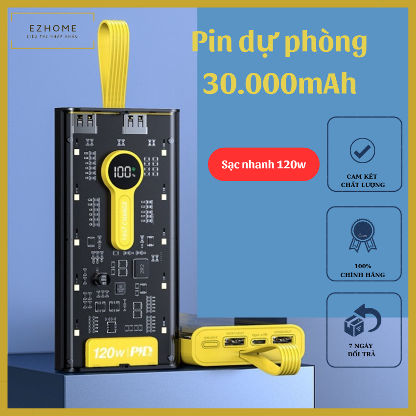  Sạc Dự Phòng Trong Suốt 30000mAh 120W Sạc Siêu Nhanh Siêu Bền Kết Hợp Led Soi Sáng Với 4 Đầu Sạc Và 3 Cổng Sạc Tiện Dụng 2 Cổng USB 1 Cổng Type C 